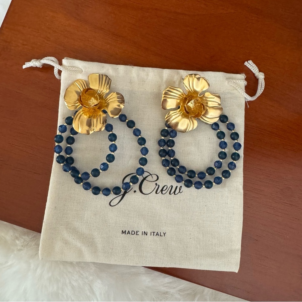 J. Crew Gold and Blue Floral Hoop Earrings